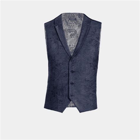 Gilet Con Risvolto Blu Marino Paisley In Velluto