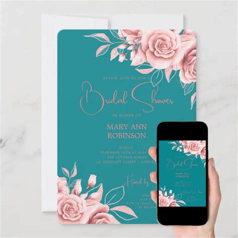 Elegant Script Rose Gold Floral Bridal Shower Teal Invitation Zazzle