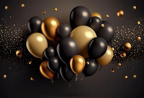 Globos negros y dorados sobre un fondo negro con confeti 3d ilustración