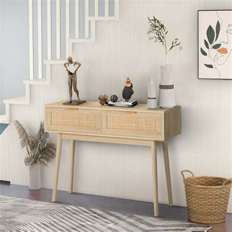 LAZZO Console Table With 2 Drawers Rattan Entryway Table With Storage