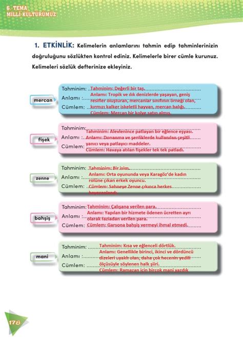 4 Sınıf Türkçe Meb Yayınları Sayfa 178 Cevapları