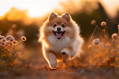 Premium Photo Pomeranian Puppy Running At The Park With Sunset