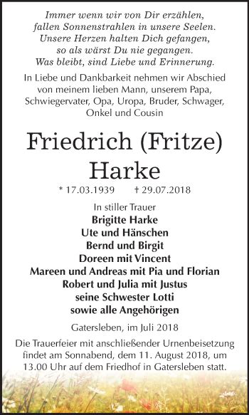 Traueranzeigen Von Friedrich Harke Abschied Nehmen De