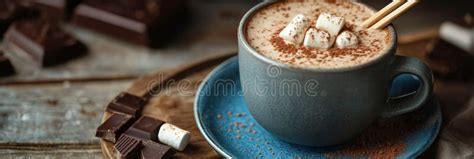 Warm Cup Of Hot Chocolate With Marshmallows And Chocolate Pieces On A