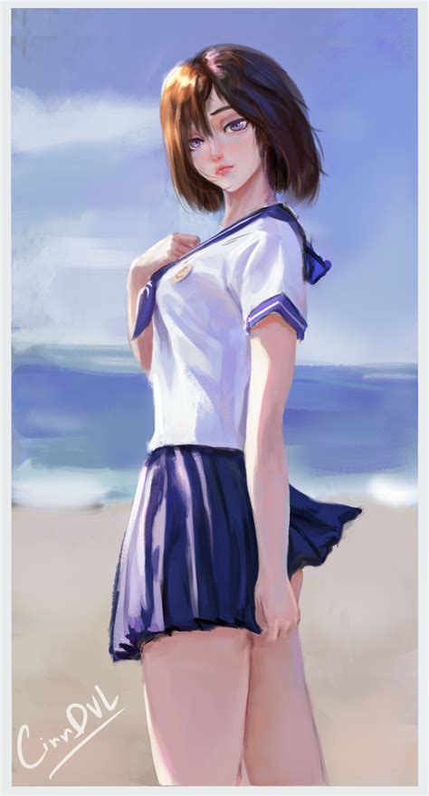 Safebooru 1girl Absurdres Artist Name Beach Blurry Blurry Background Brown Hair Cinndvl Cowboy