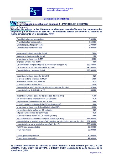 Pain Relief Company Soluci N Ejemplo Pec Control Presupuestario Y