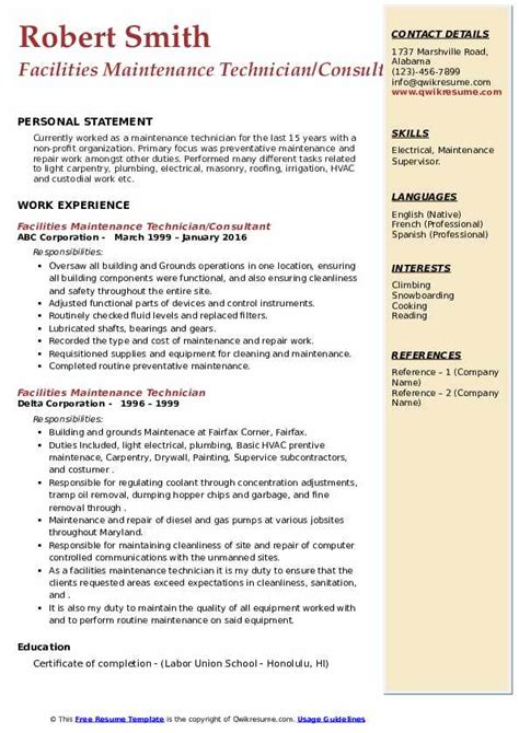 Facilities Maintenance Technician Resume Samples QwikResume