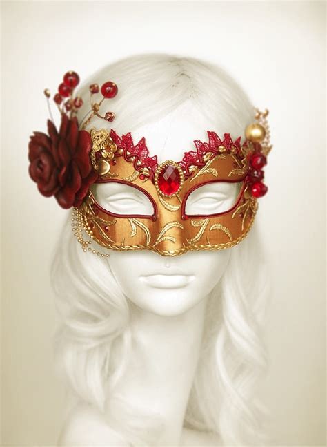 Burgundy Red And Gold Masquerade Mask Venetian Style