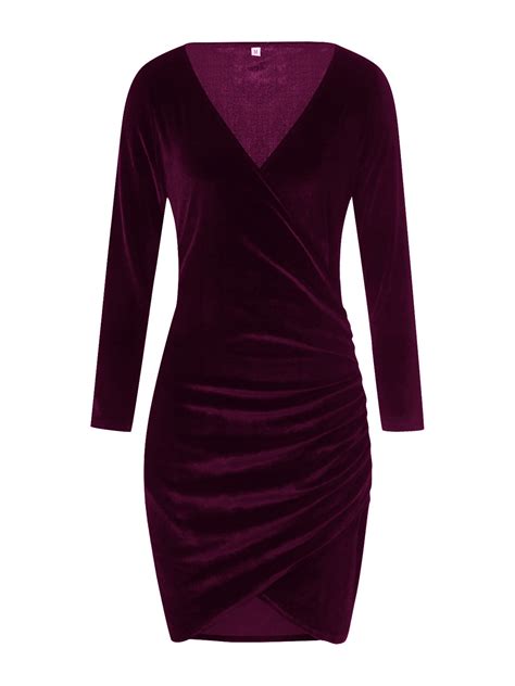 Caitzr Women Sexy V Neck Wrap Dress Long Sleeve Ruched Bodycon Dresses