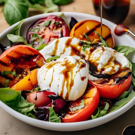 Salade De Pêches Grillées Au Fromage Burrata Avec Tomates Basilic Et