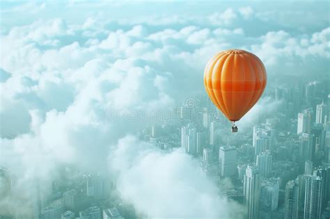 Vibrant Hot Air Balloon Floating Above City Skyline And Clouds Stock Illustration Illustration