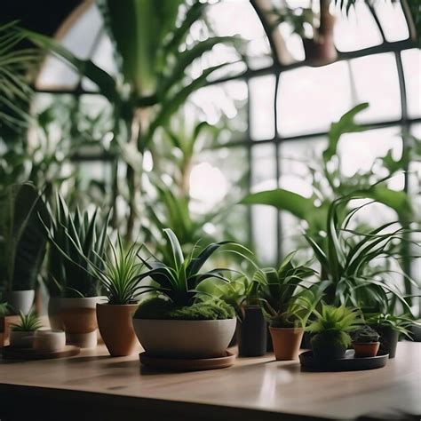 Premium Photo A Row Of Potted Plants Sit On A Table With A Window