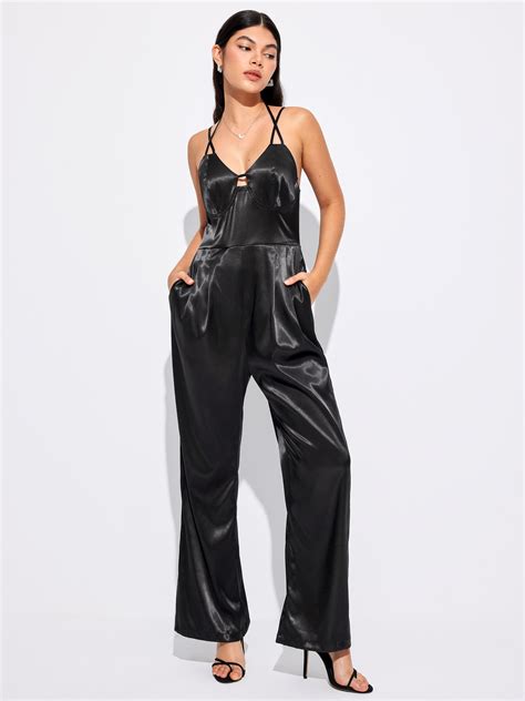 Solid Satin Cut Out Halter Jumpsuit Cider