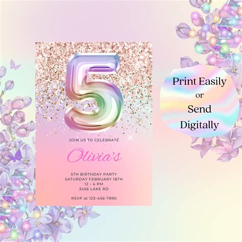 Editable 5th Birthday Invitation Template Pink Glitter Rainbow Holographic Girl 5th Birthday