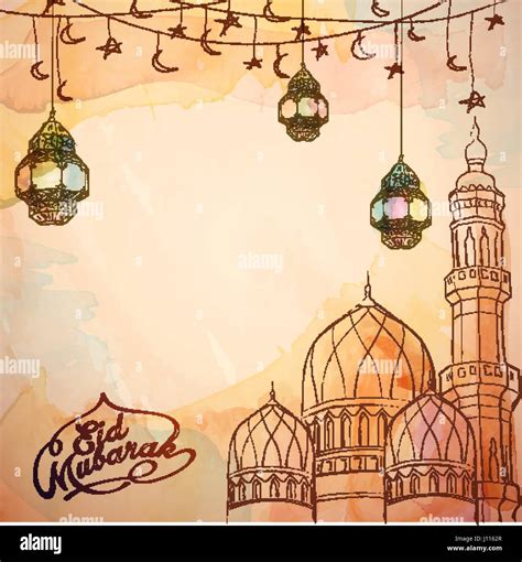 Eid Mubarak Vector Sketch Lantern And Mosque Stock Vector Image And Art