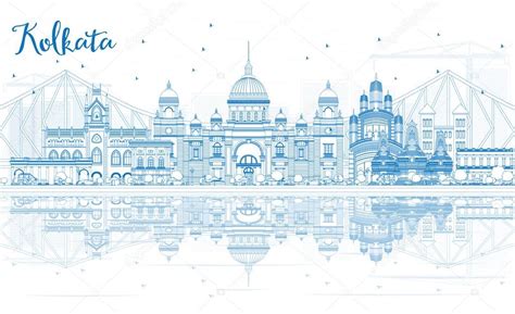 Outline Kolkata Skyline With Blue Landmarks And Reflections Stock