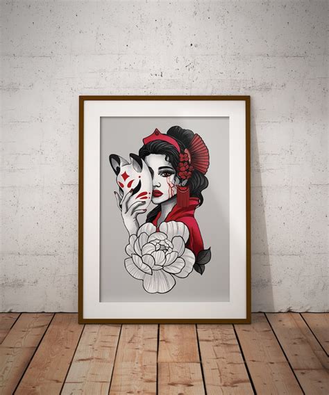 Geisha Kitsune Mask Art Print Japanese Art Print Japan Etsy Canada