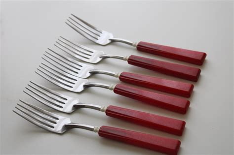 Mcm Vintage Cherry Bakelite Handled Forks Stainless Flatware Retro Red