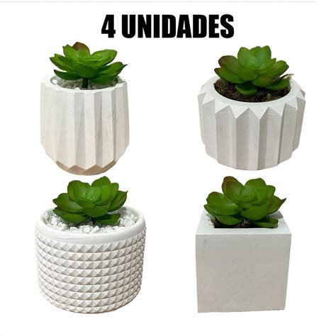 Kit 4 Unidades Vaso Decorativo De Gesso Texturizado Para Suculentas