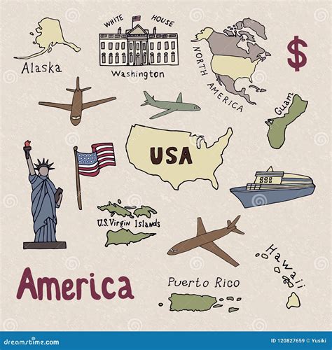 Map Of The United States Of America And The Symbols Of America Stock