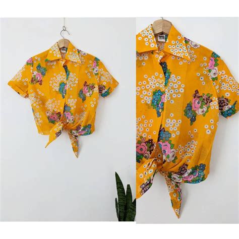 Vintage Cropped Hawaiian Shirt Floral Pattern Graphic Yellow 80s Etsy