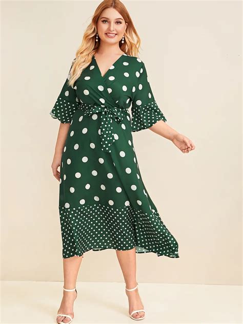 Plus Polka Dot Surplice Front Belted Dress Belted Dress Half Sleeve