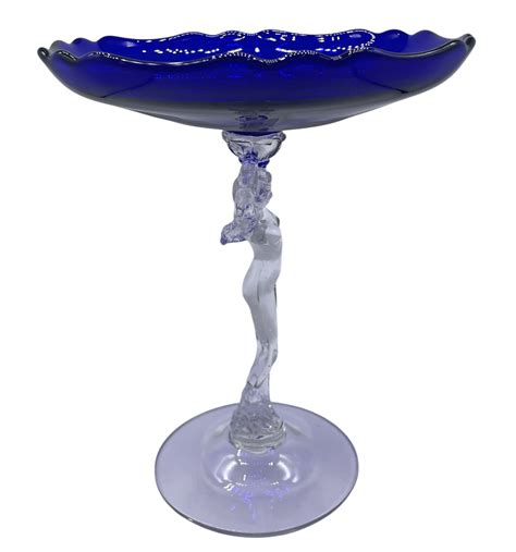 Lot 108SES 1940s Art Deco Cambridge Glass Nude Lady Cobalt Blue Cupped Glass Compote Pedestal