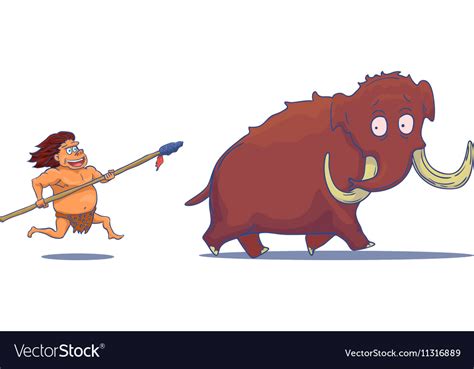 Cartoon Caveman With Spear Hunting Mammoth Vector Image