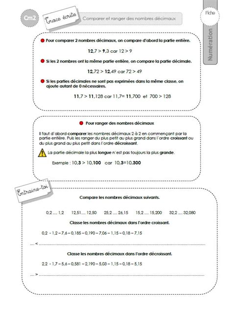 CM2 TRACE ECRITE Comparer et ranger les nombres décimaux