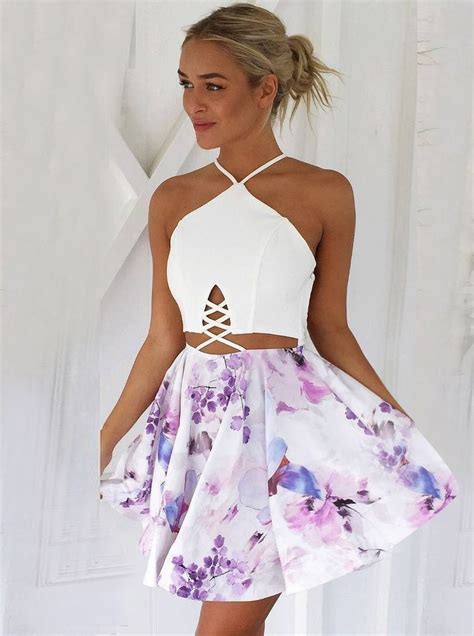 Psy108 Sexy A Line V Neck Lace Up Short Floral Short Homecoming Dresses