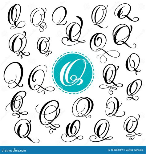 Set Letter Q. Hand Drawn Vector Flourish Calligraphy. Script Font ...