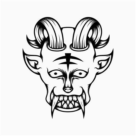 scary demon head illustration with line art style. horns and fangs. suitable for logo, mascot ...