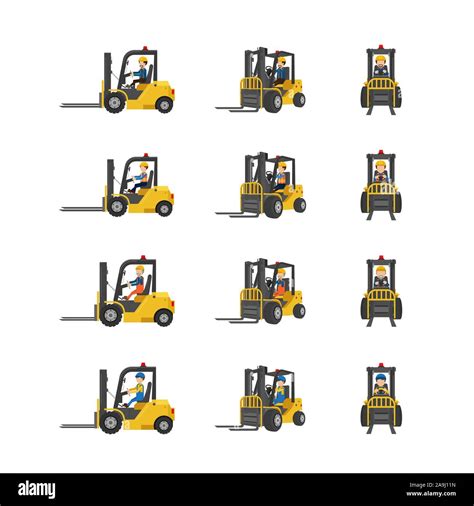 Set Of Forklift Trucks With Workers Drive In Three Angles Vector