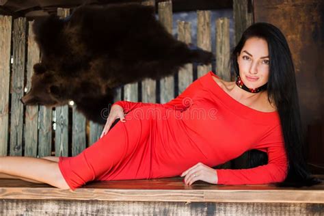 Elegant Sexy Blonde Woman Long Red Dress Lying Bed Stock Photos Free