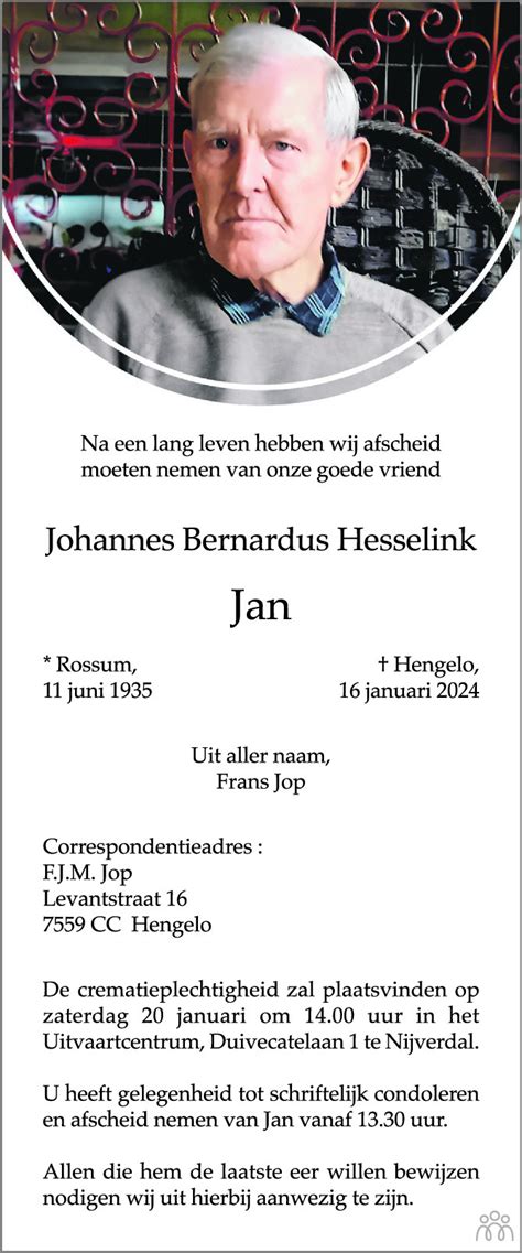 Johannes Bernardus Jan Hesselink 16 01 2024 Overlijdensbericht En