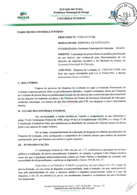 Parecer Do Controle Interno Prefeitura Municipal De Pacaj