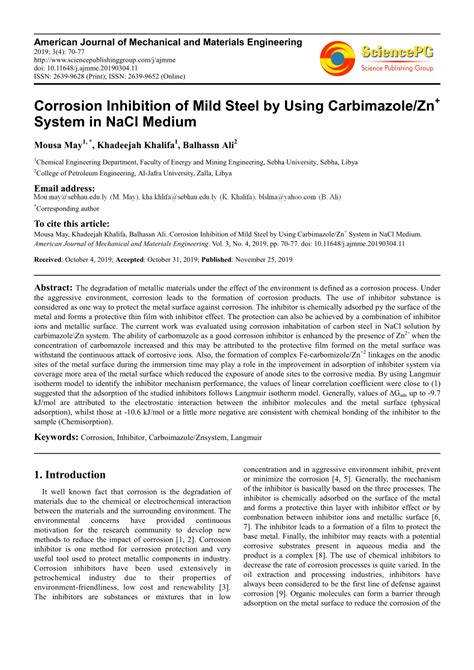 Pdf Corrosion Inhibition Of Mild Steel By Using Carbimazolezn System
