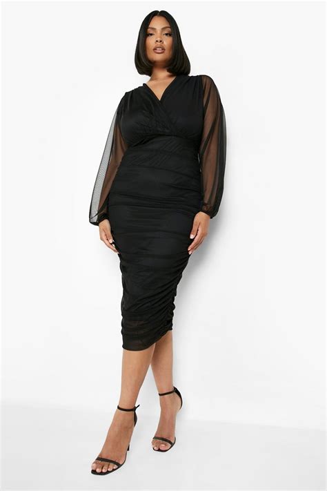 Womens Plus Mesh Wrap Ruched Midi Dress Boohoo Uk