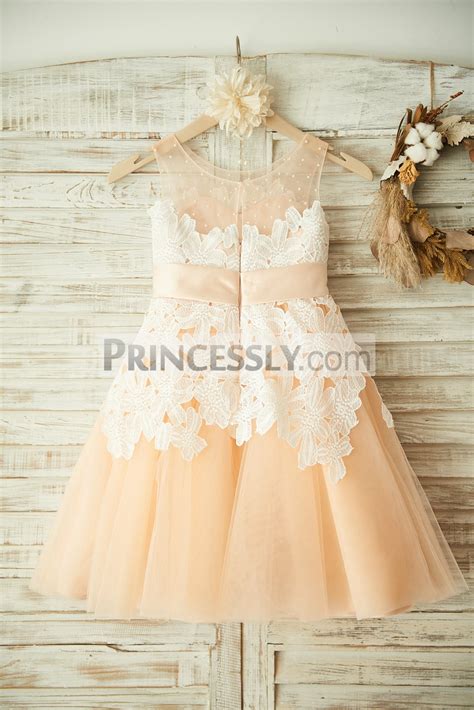 Ivory Lace Champagne Tulle Beaded Flower Girl Dress Avivaly