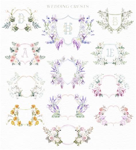 Watercolor Floral Wedding Crests Monogram Design Cuts