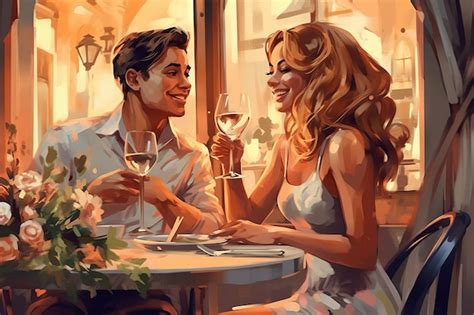 Premium Ai Image A Painting Of A Couple Having A Drink At A Restaurant