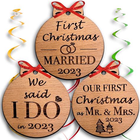 Heart S Sign Our First Christmas Married Ornament 2023 Set Of 3 Wooden Rustic