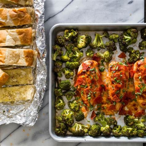 Sheet Pan Chicken Pizzaiola With Roasted Broccoli And Garlic Bread