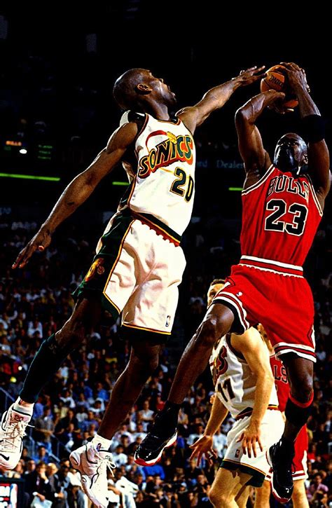 Michael Jordan Shoots Over Gary Payton Michael Jordan Gary Payton