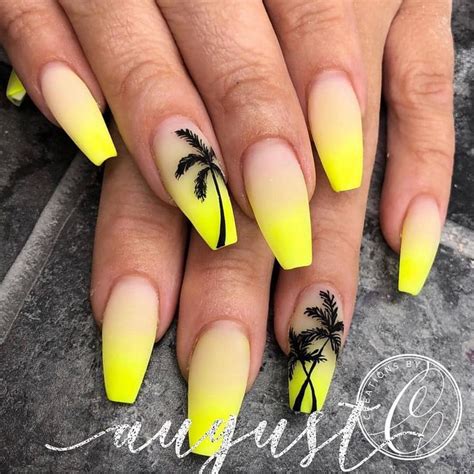 Nailsartoftheday On Instagram “🌴🍋 Matte Neon Yellow Ombre With Palm Trees On Ballerina Nails 👌