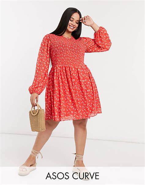 Asos Design Curve Shirred Mini Smock Dress In Red Ditsy Floral Print Asos