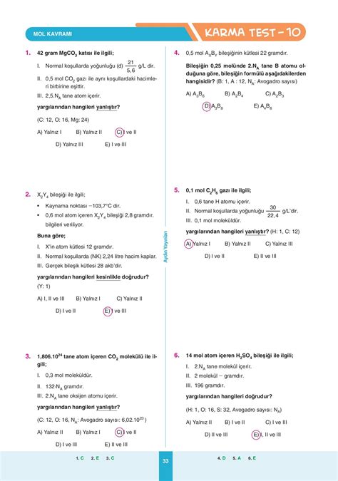 TYT AYT Kimya 10 Sınıf Ders İşleyiş Modülleri Modül 2 Mol Kavramı