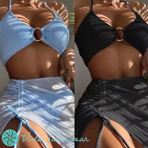 Textured Bikini With Cover Up Two Piece Swimwear Swimsuit Beach Wear