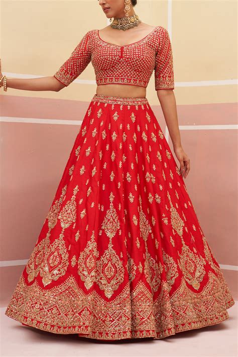 Buy Red Floral Embroidered Lehenga Set By Angad Singh At Aashni And Co