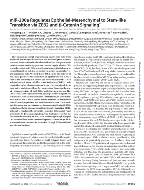 Pdf Mir 200a Regulates Epithelial Mesenchymal To Stem Like Transition